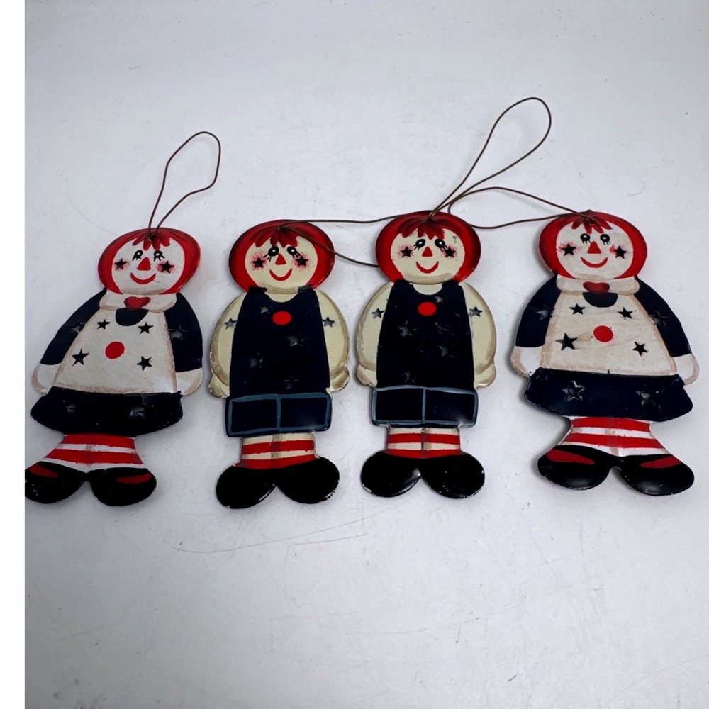 Raggedy Ann Andy Tin Ornaments Unisex OS Red‎ White Blue Excellent Set 4